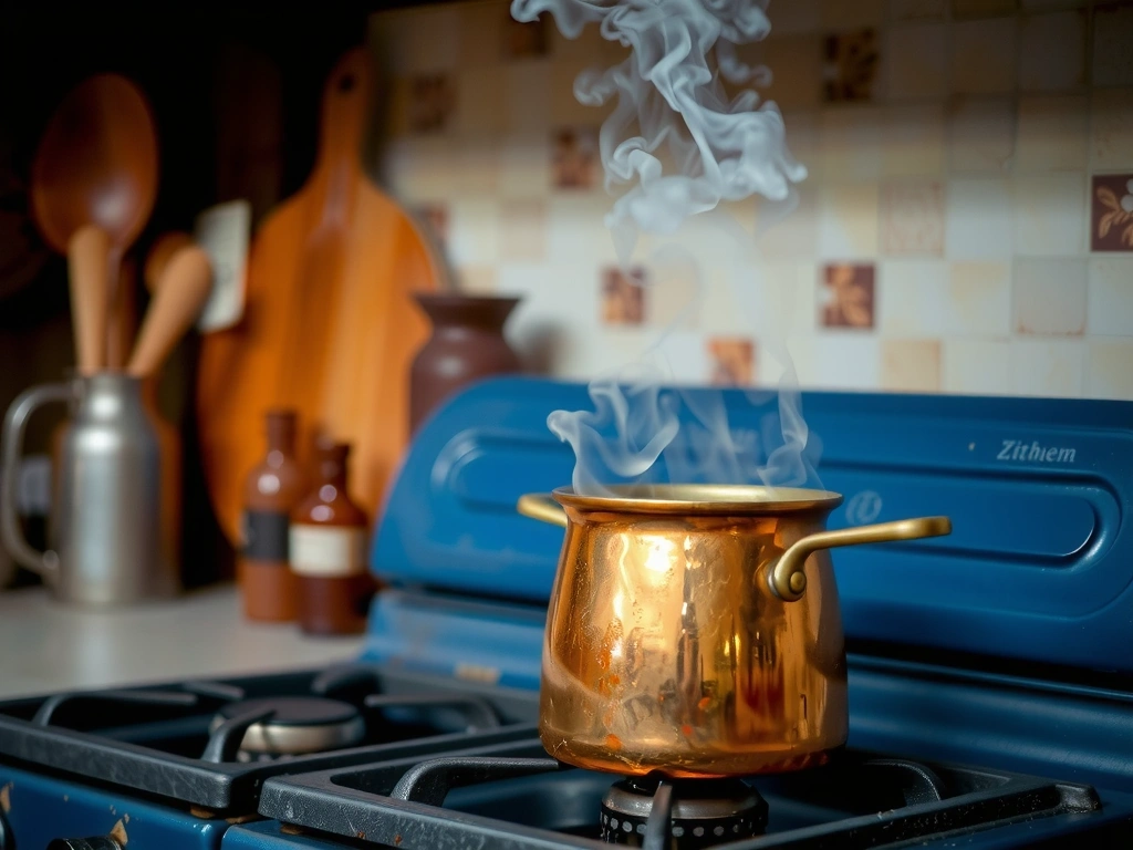 Para iz bakarne posude na starom šporetu